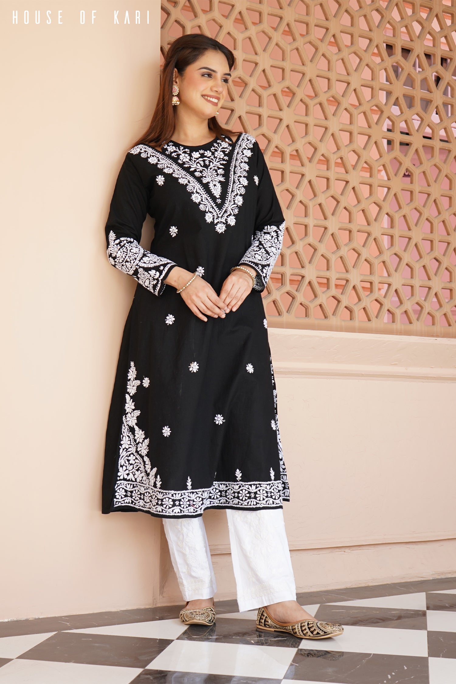 Cotton Chikankari Long Kurta Black