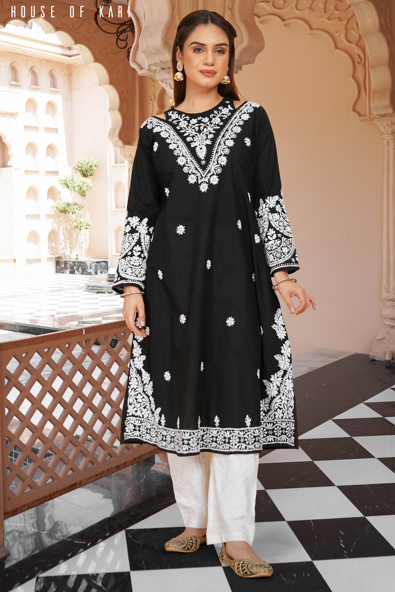 Cotton Chikankari Long Kurta Black