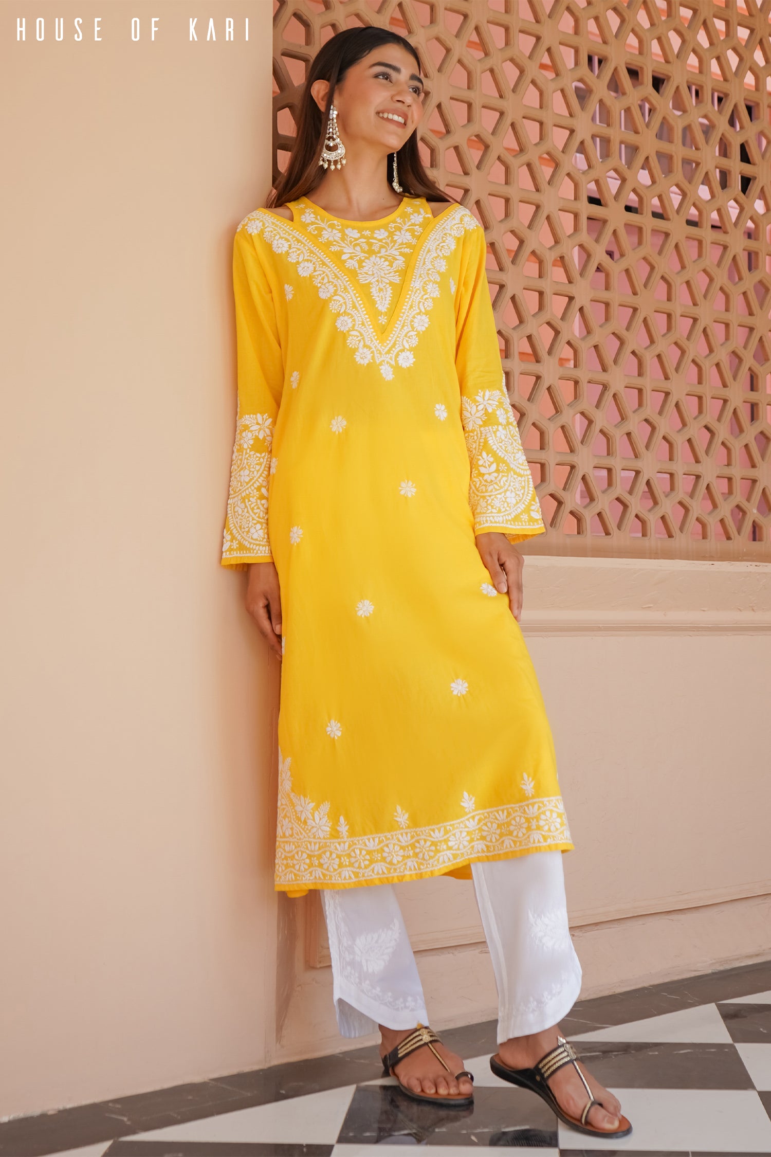 Cotton Chikankari Long Kurta Yellow