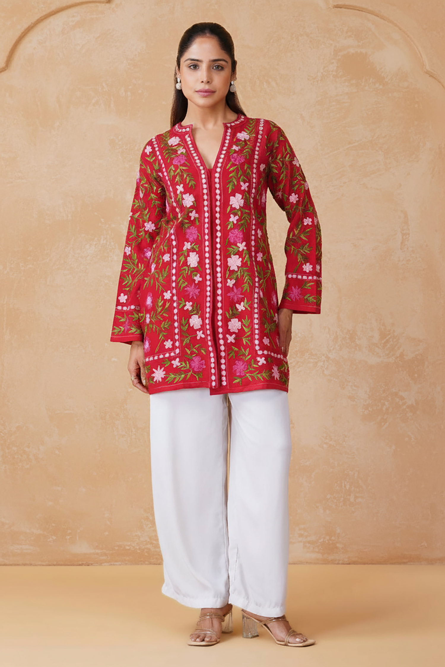 Cotton Kashmiri Aari Embroidered Jacket – Red Floral