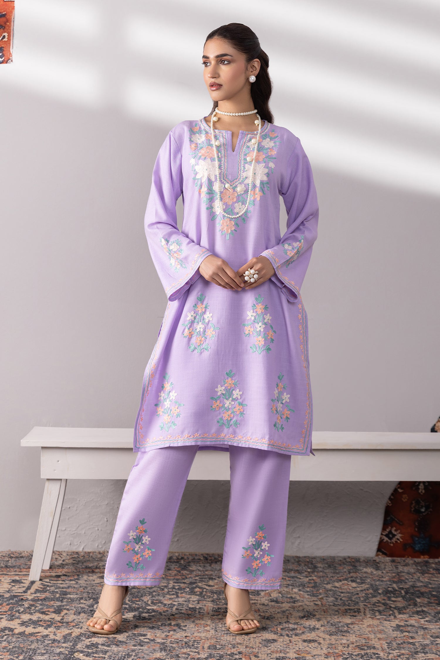 Cotton Kurta Set in Kashmiri Aari -Lavender
