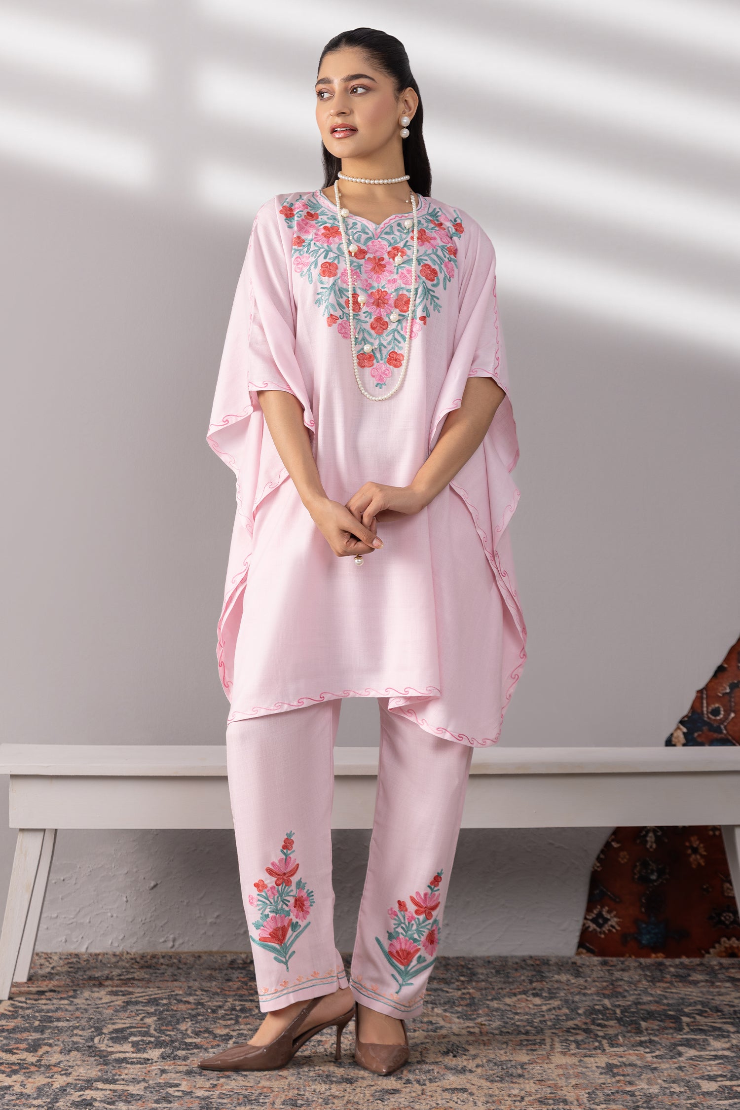 Cotton Kaftan Set in Kashmiri Aari - Pink