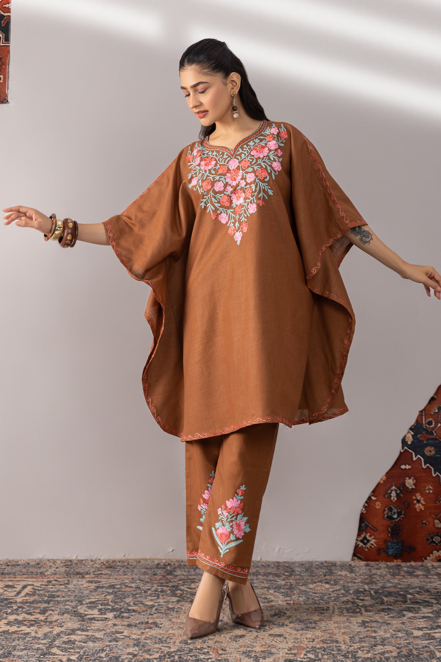 Cotton Kaftan Set in Kashmiri Aari - Brown