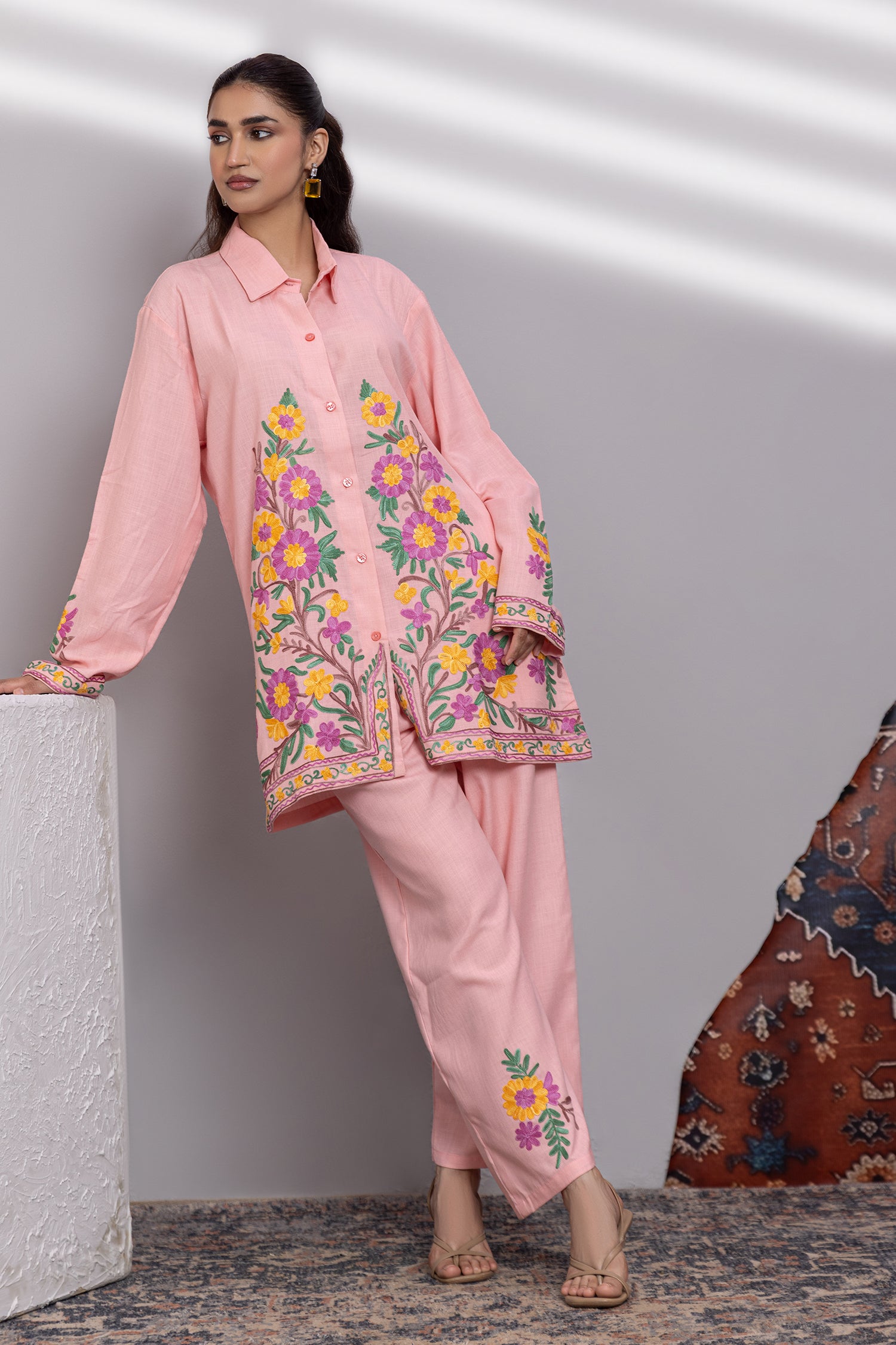 Cotton Kashmiri Aari Shirt Set - Pink