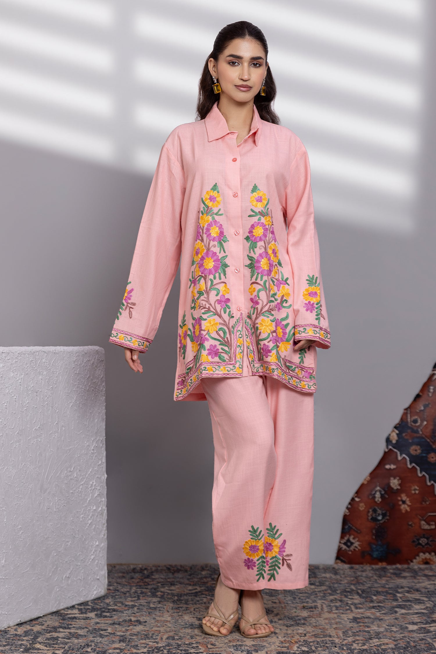 Cotton Kashmiri Aari Shirt Set - Pink