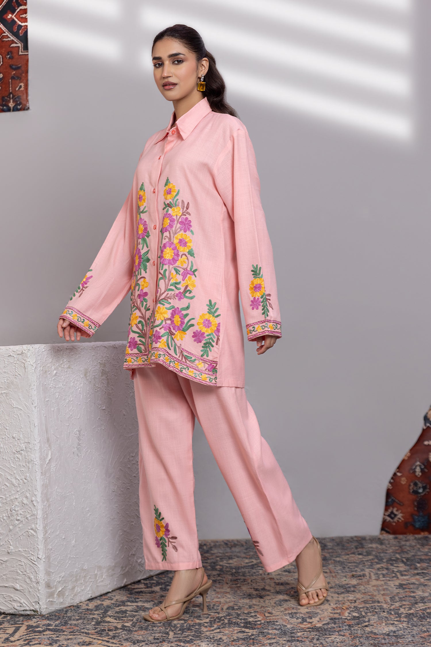 Cotton Kashmiri Aari Shirt Set - Pink