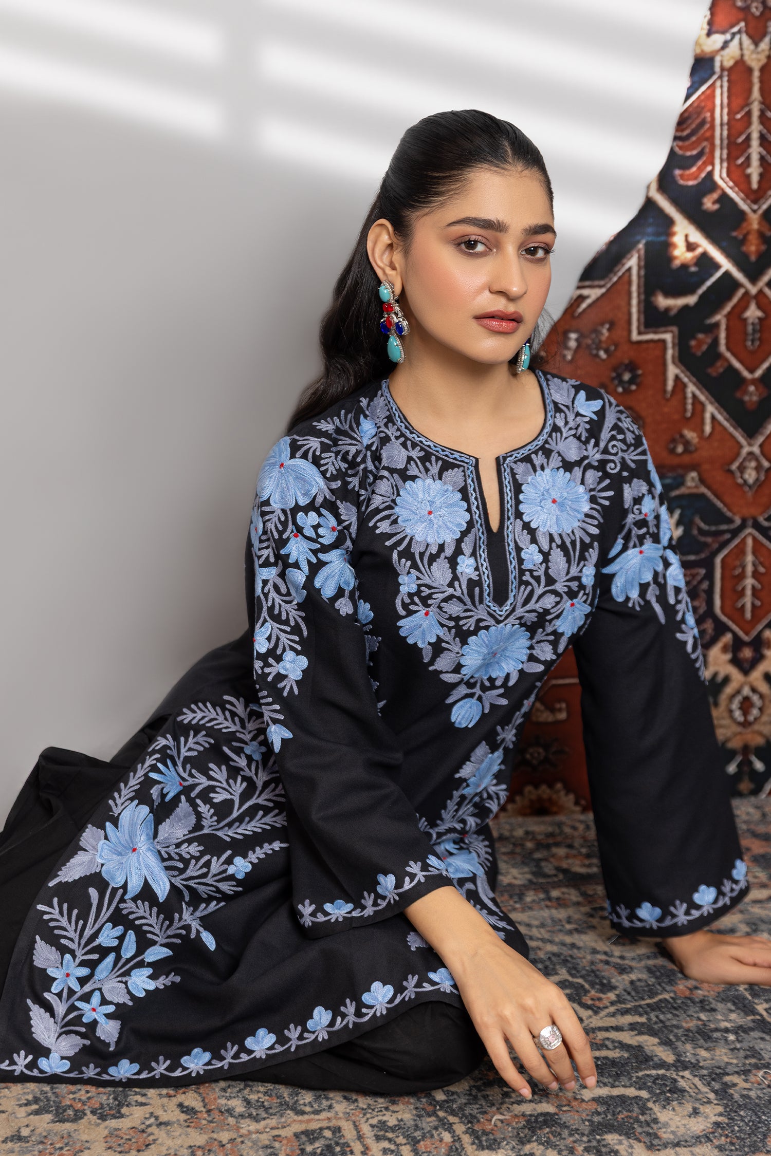 Cotton Long Kurta in Kashmiri Aari - Black