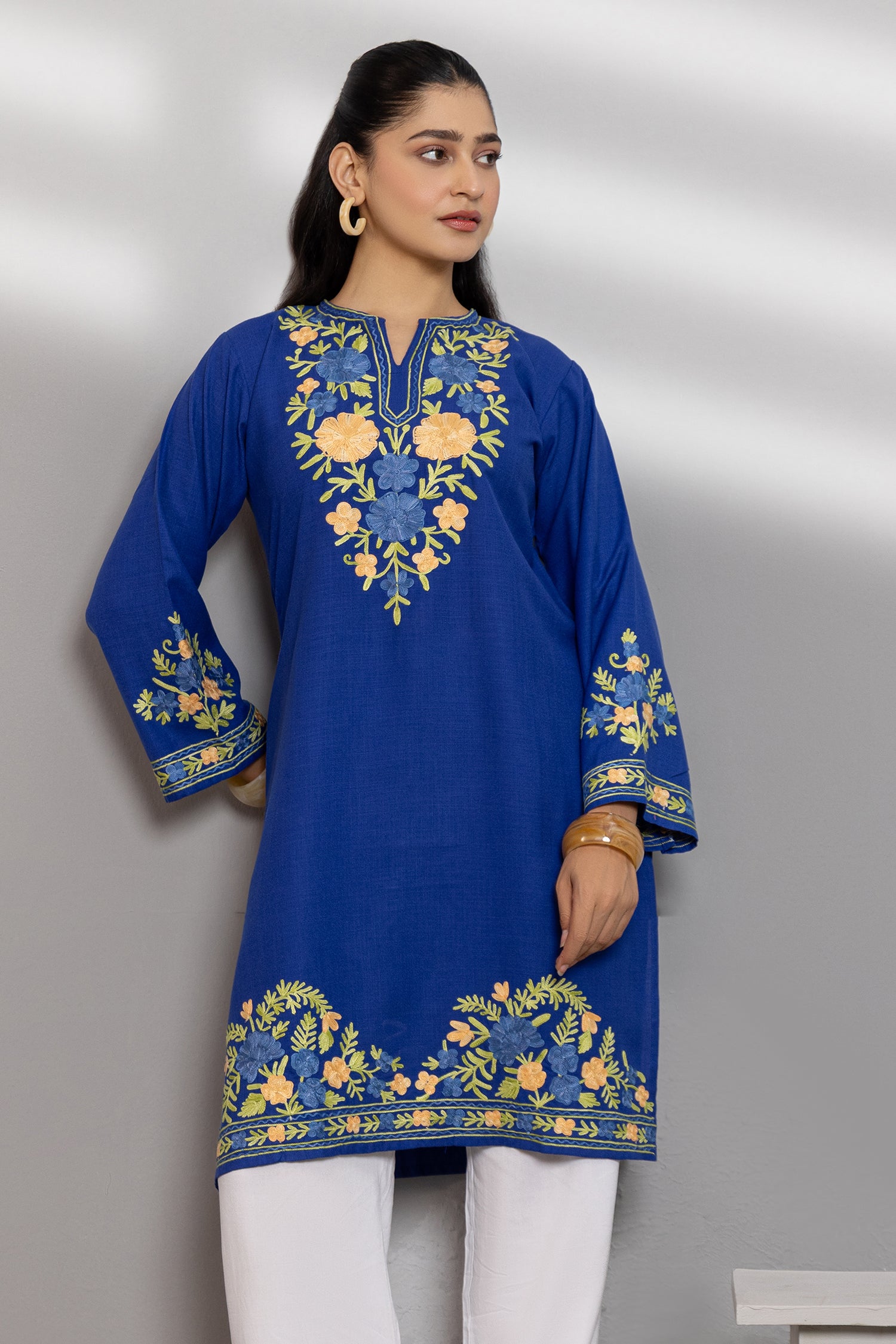 Cotton Long Kurta in Kashmiri Aari - Blue