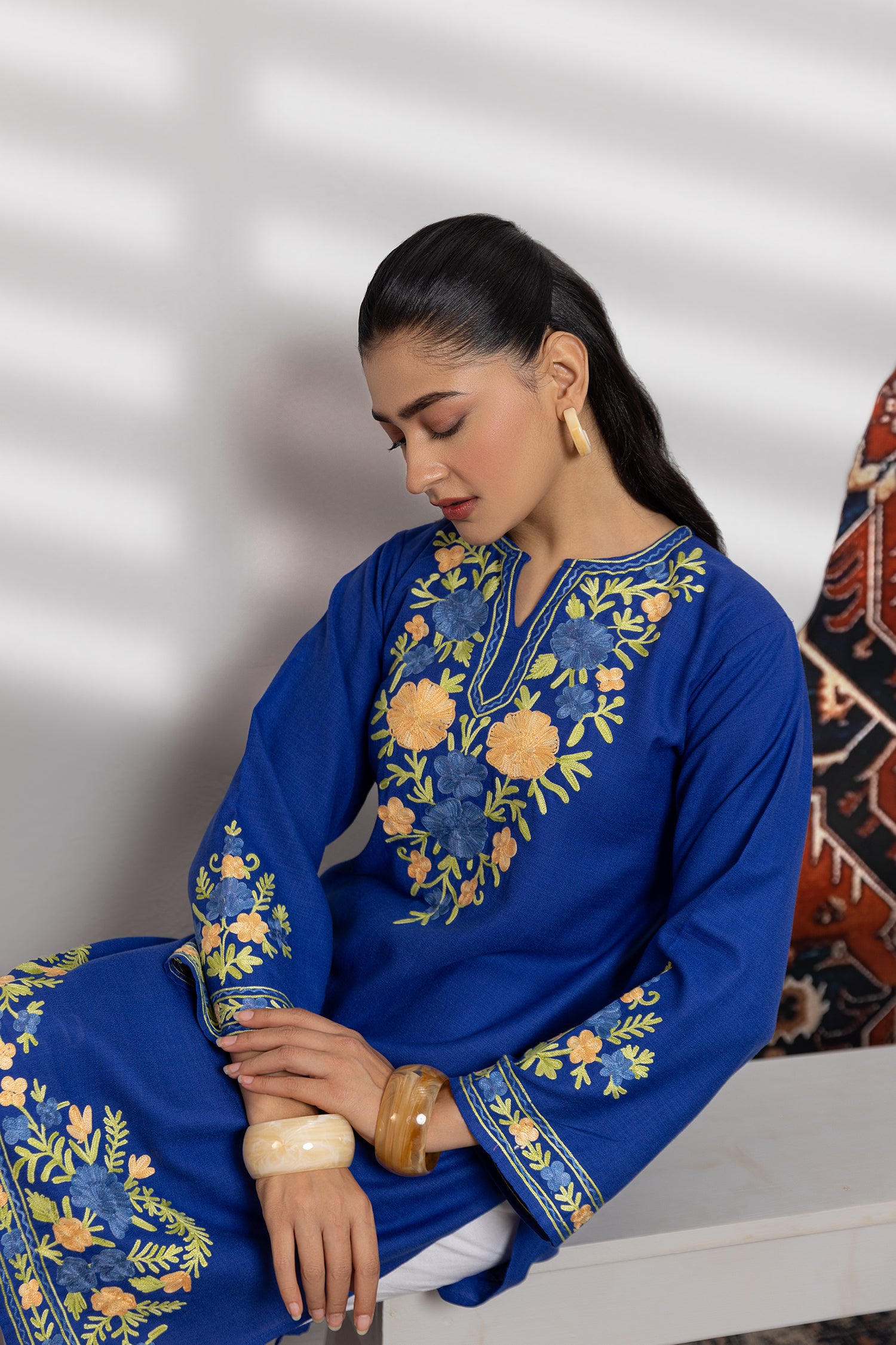 Cotton Long Kurta in Kashmiri Aari - Blue