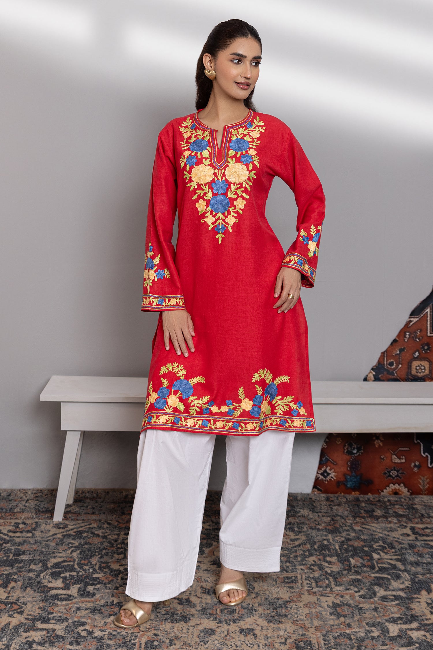 Cotton Long Kurta in Kashmiri Aari - Red