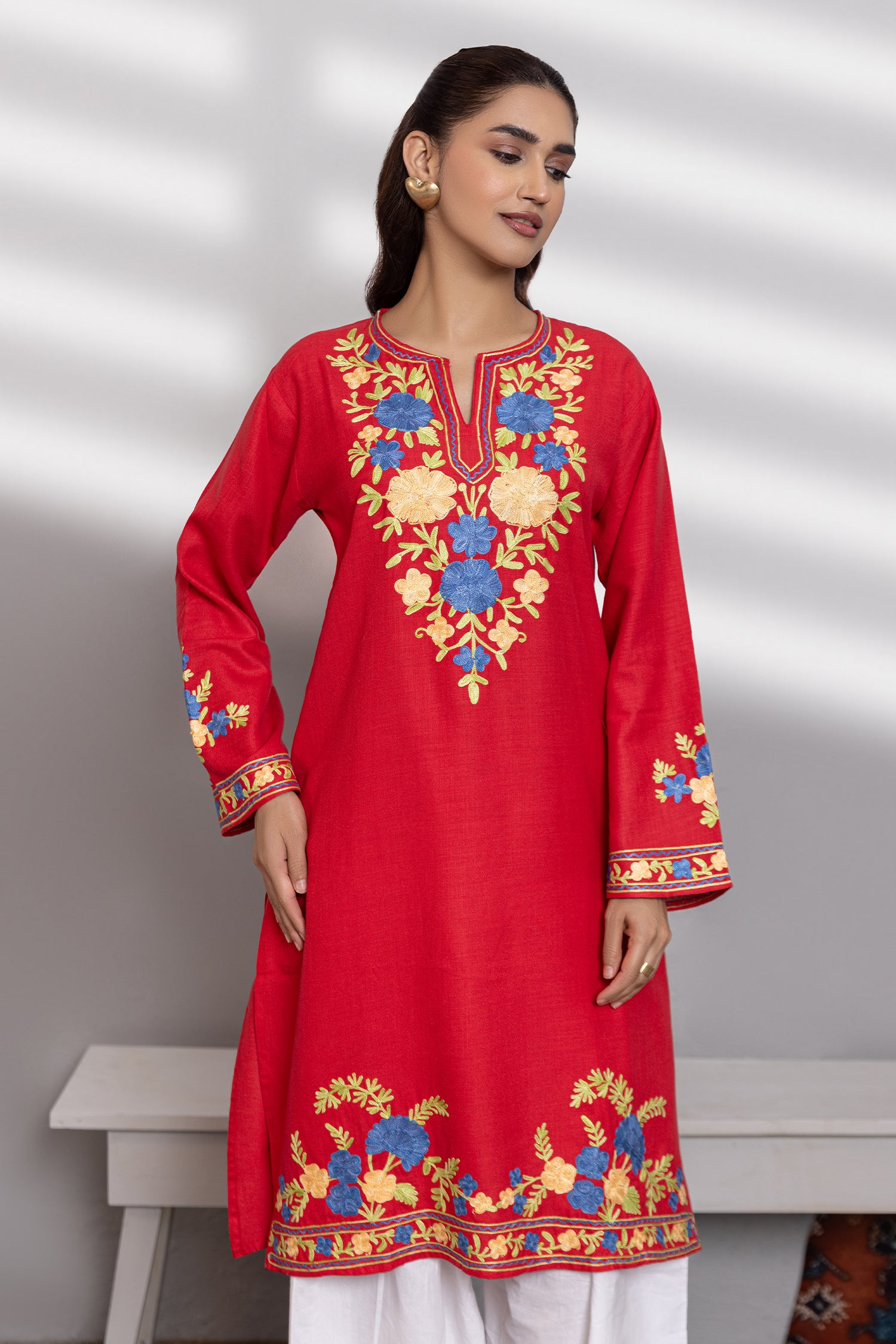 Cotton Long Kurta in Kashmiri Aari - Red