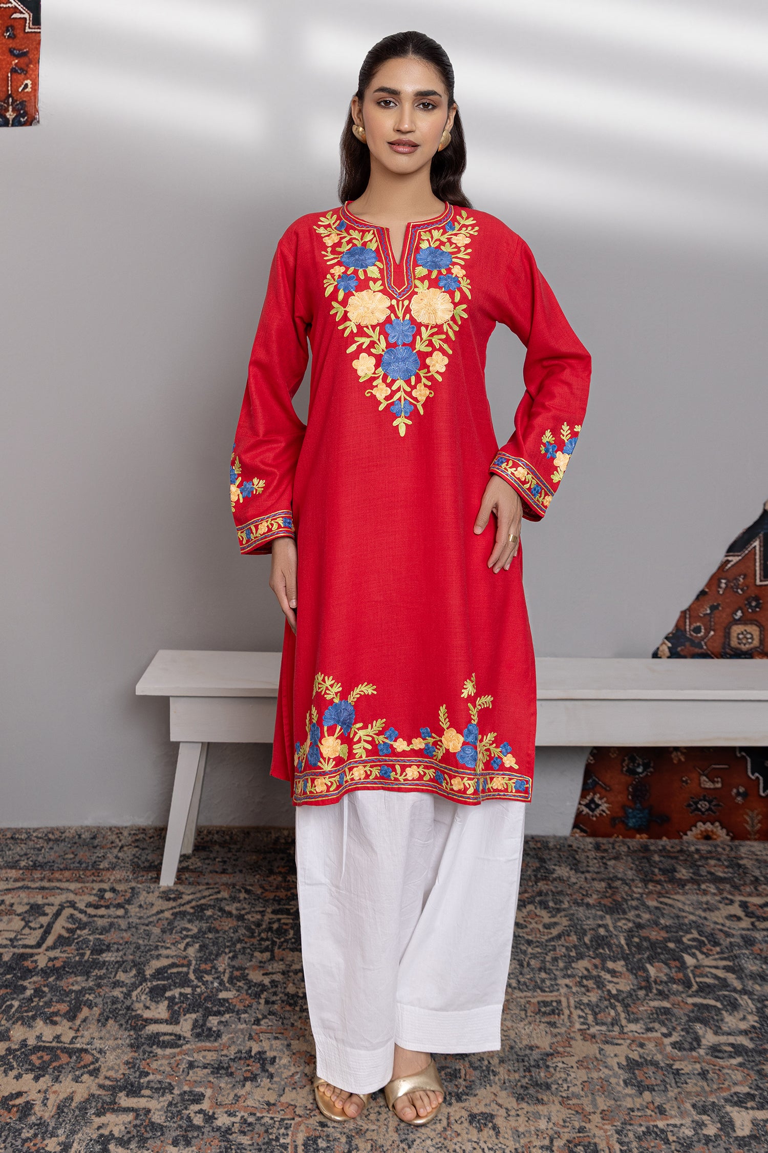 Cotton Long Kurta in Kashmiri Aari - Red