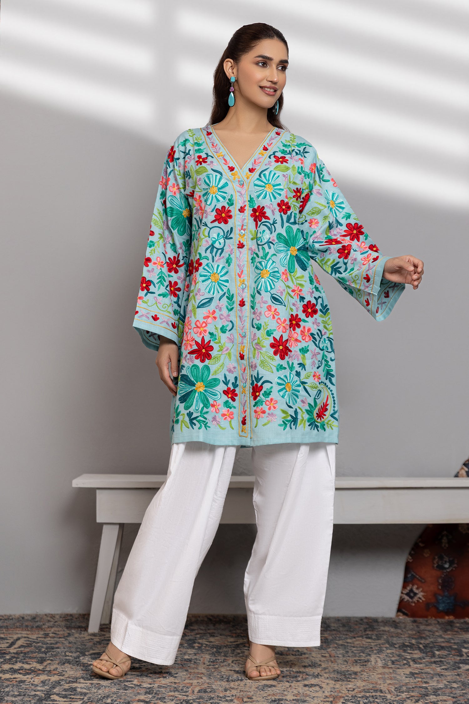 Cotton Kashmiri Aari Jacket - Sky Blue