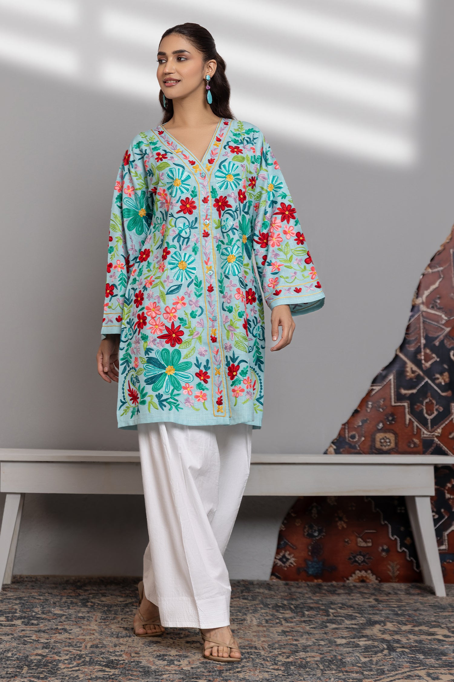 Cotton Kashmiri Aari Jacket - Sky Blue