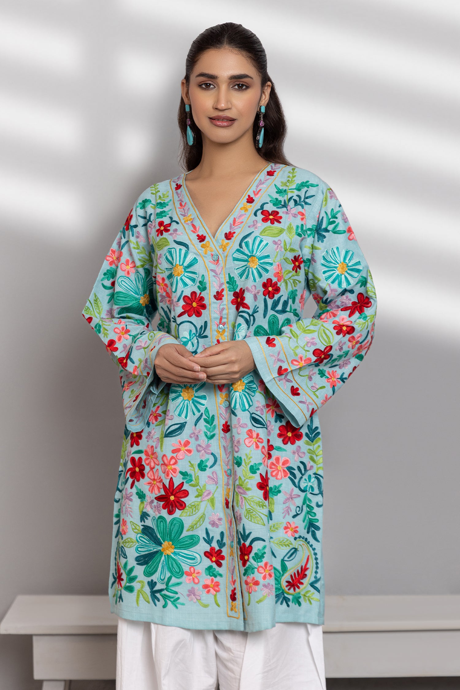 Cotton Kashmiri Aari Jacket - Sky Blue