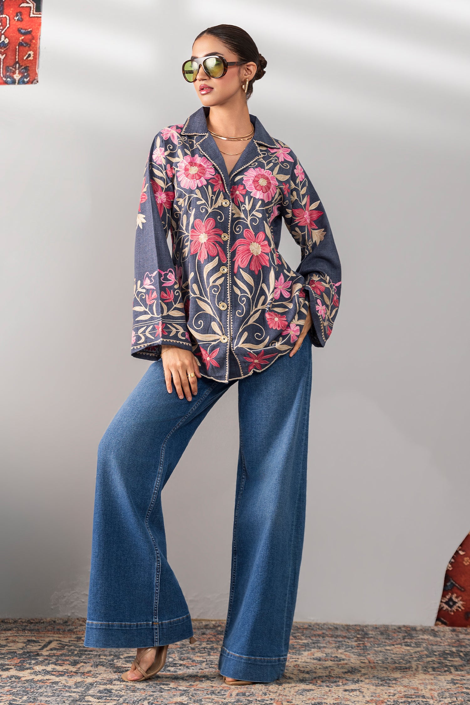 Denim Cotton Kashmiri Aari Short Jacket