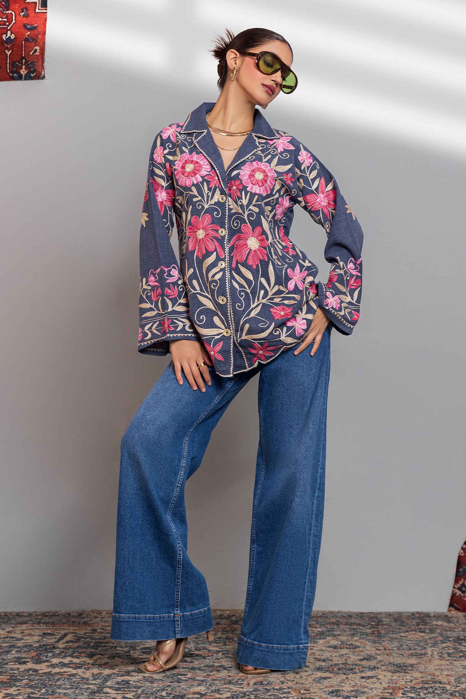 Denim Cotton Kashmiri Aari Short Jacket
