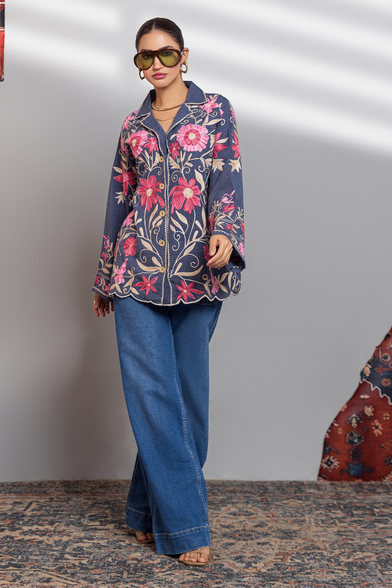 Denim Cotton Kashmiri Aari Short Jacket