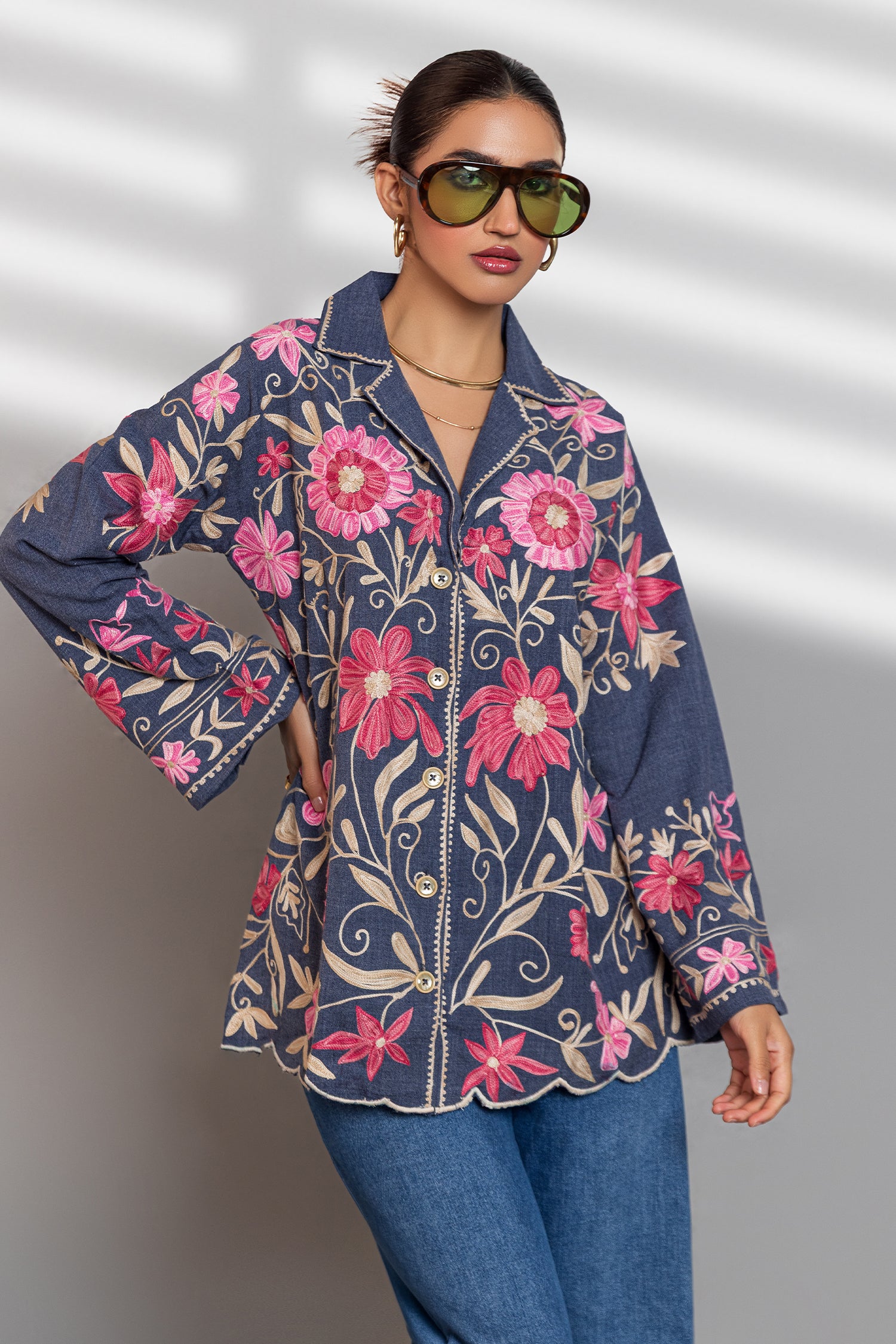 Denim Cotton Kashmiri Aari Short Jacket