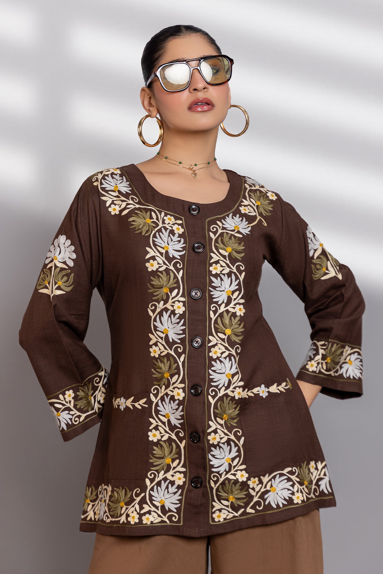 Cotton Kashmiri Aari Jacket- Brown