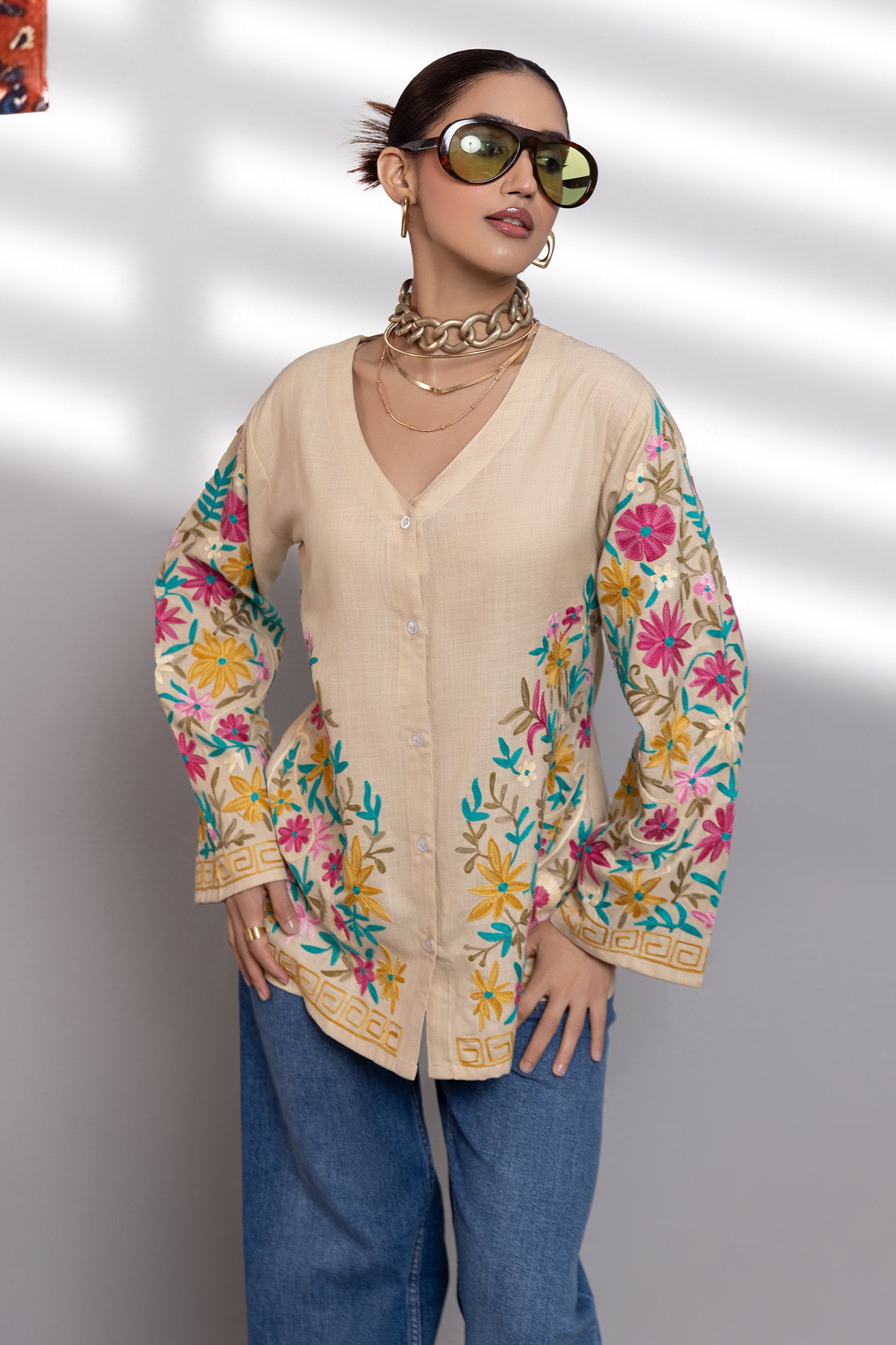 Cotton Kashmiri Aari Short Jacket - Beige