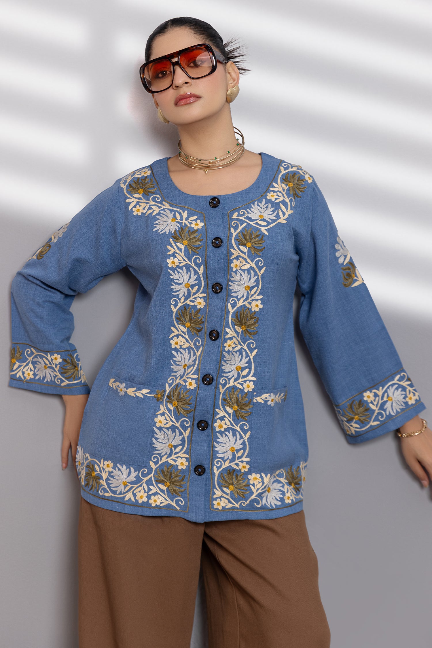 Denim Cotton Kashmiri Aari Jacket