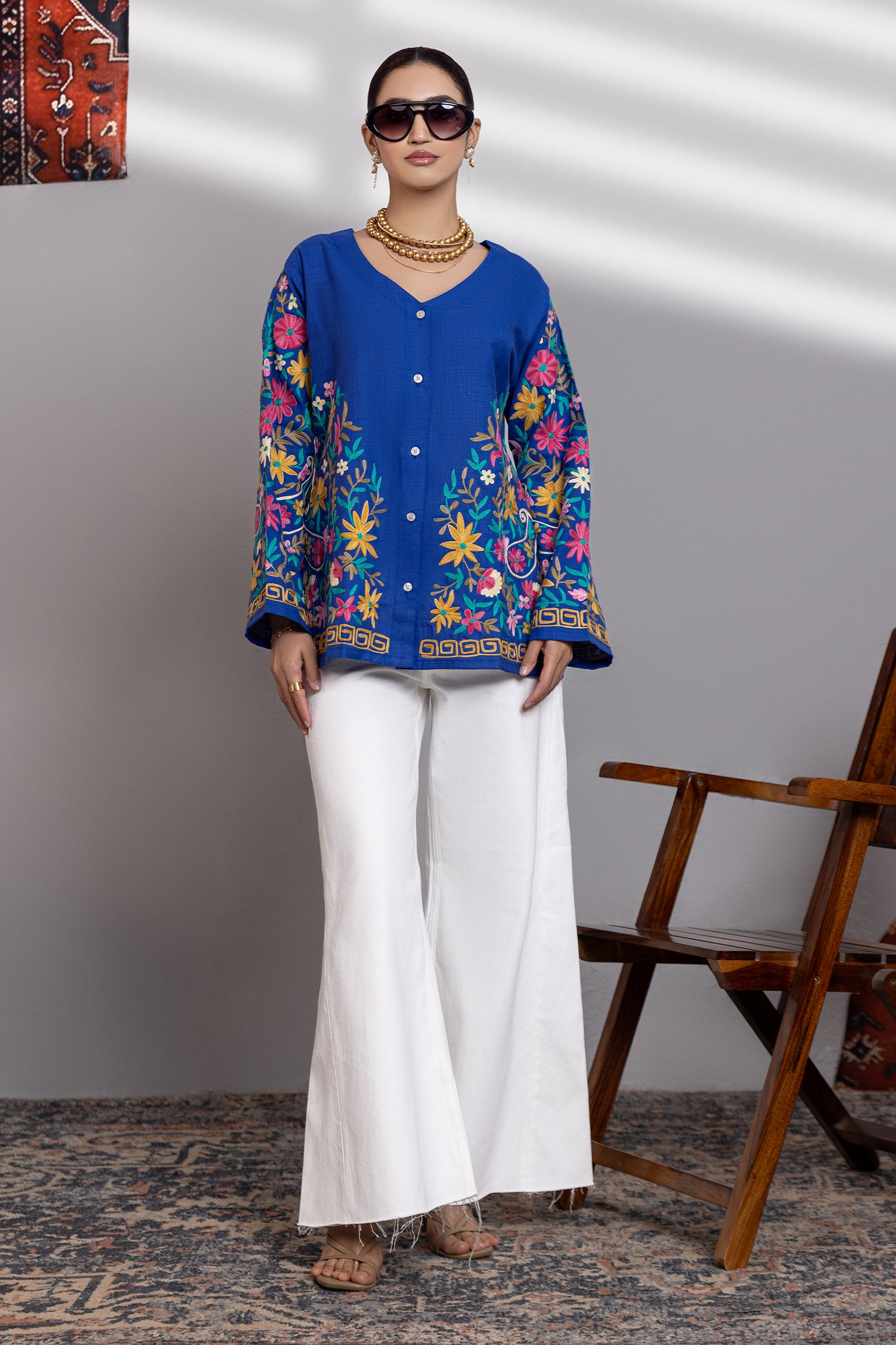 Cotton Kashmiri Aari Short Jacket - Blue