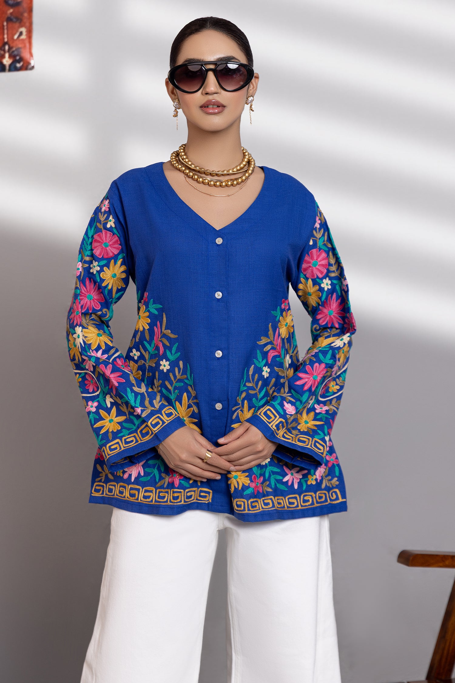 Cotton Kashmiri Aari Short Jacket - Blue