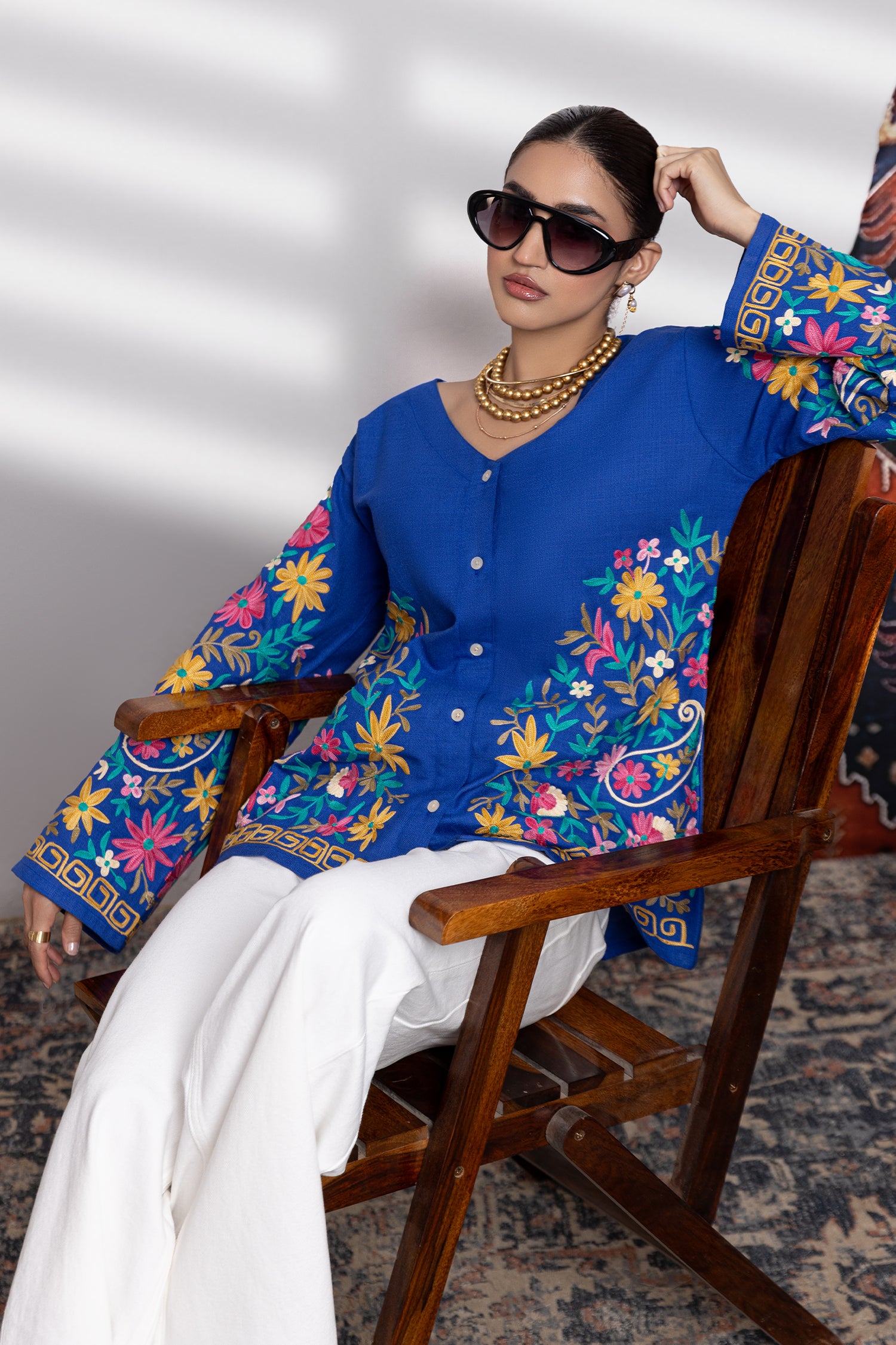 Cotton Kashmiri Aari Short Jacket - Blue