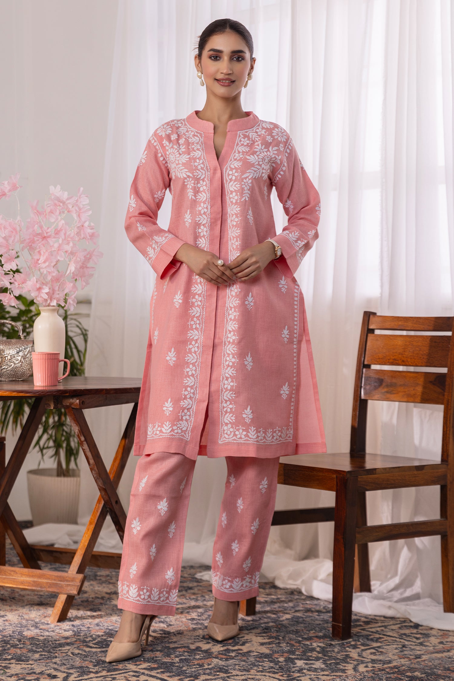 Cotton Chikankari Kurta Set - Pink