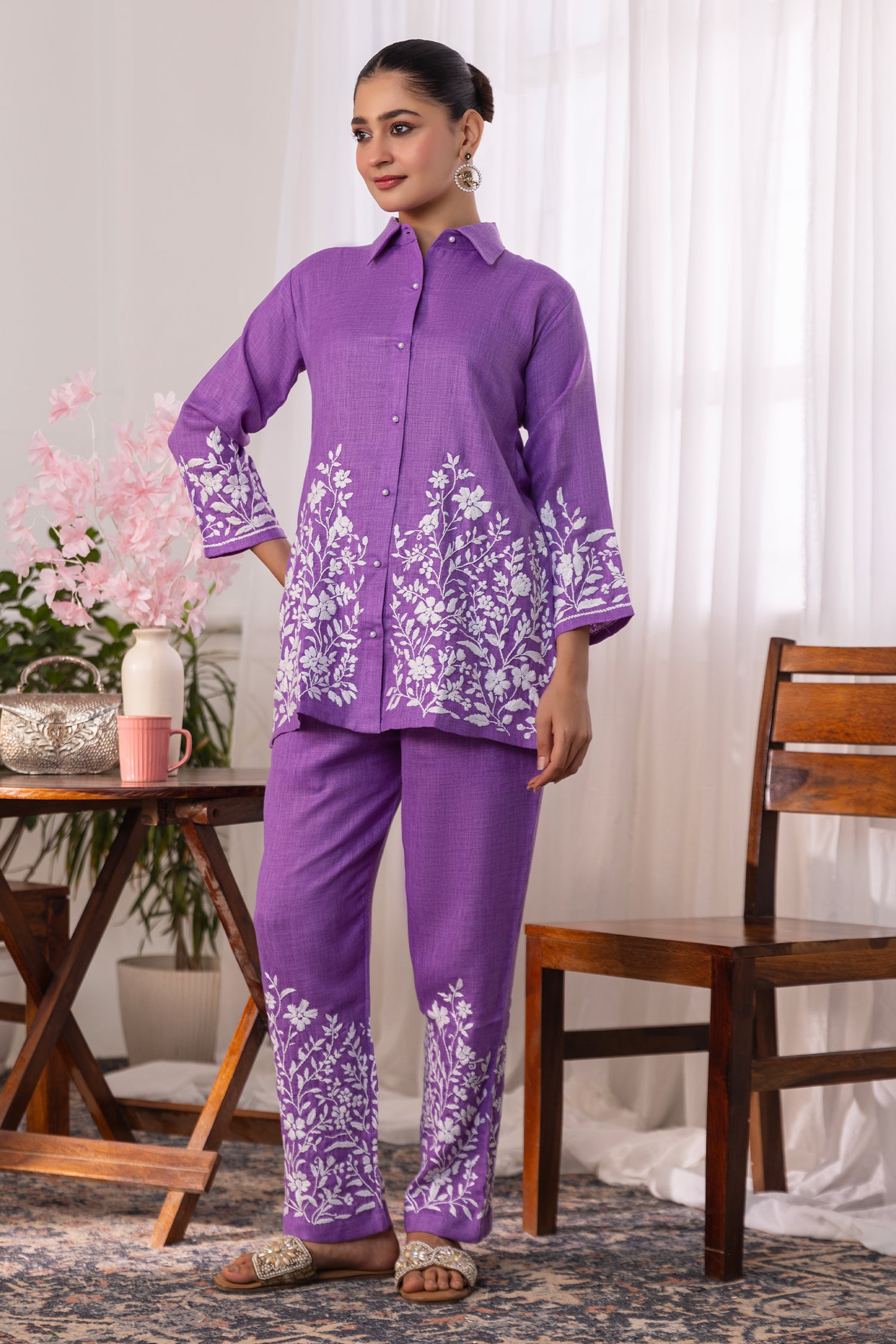Slub Cotton Chikankari Kurta Set - Purple