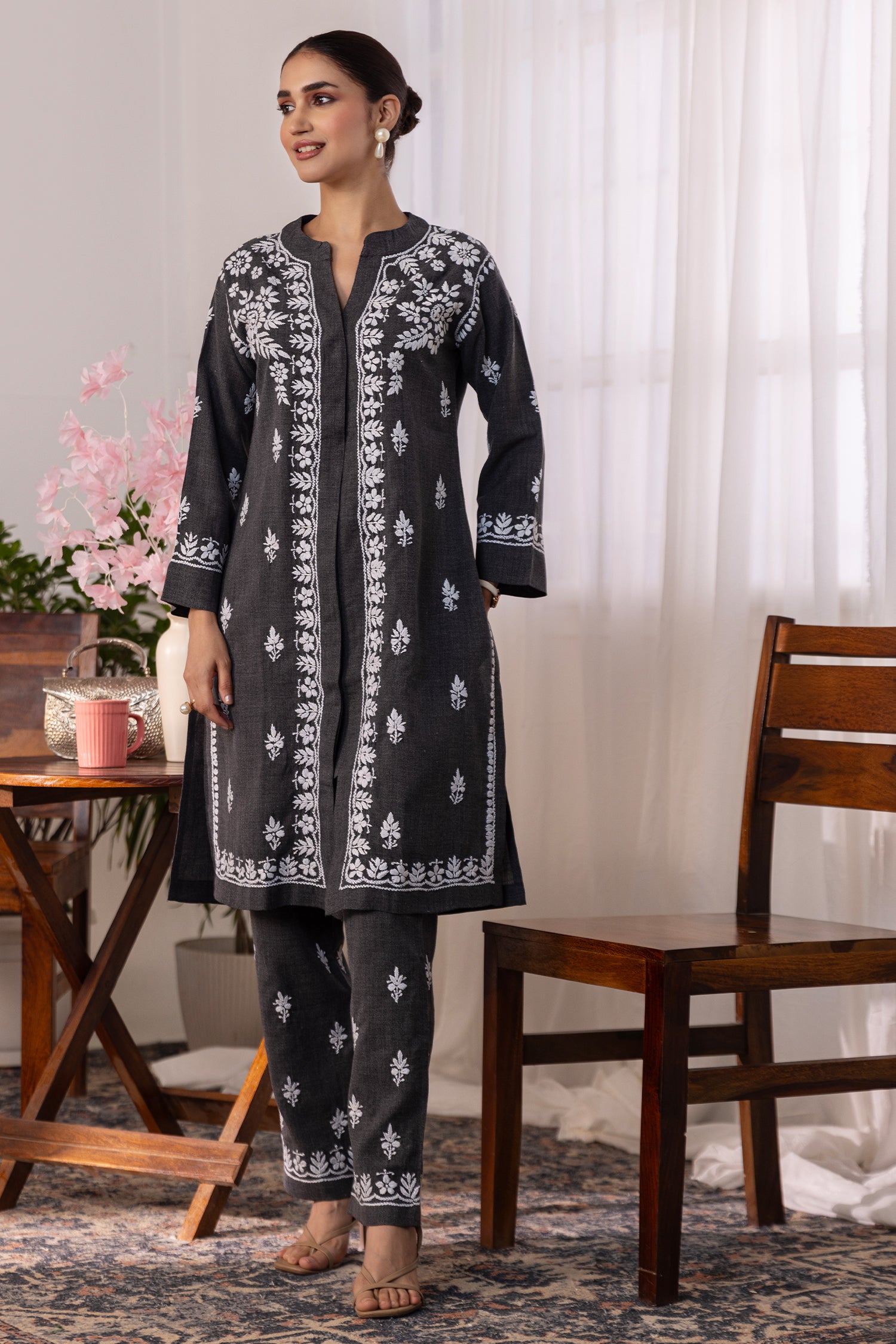Denim Cotton Chikankari Kurta Set - Charcoal Grey