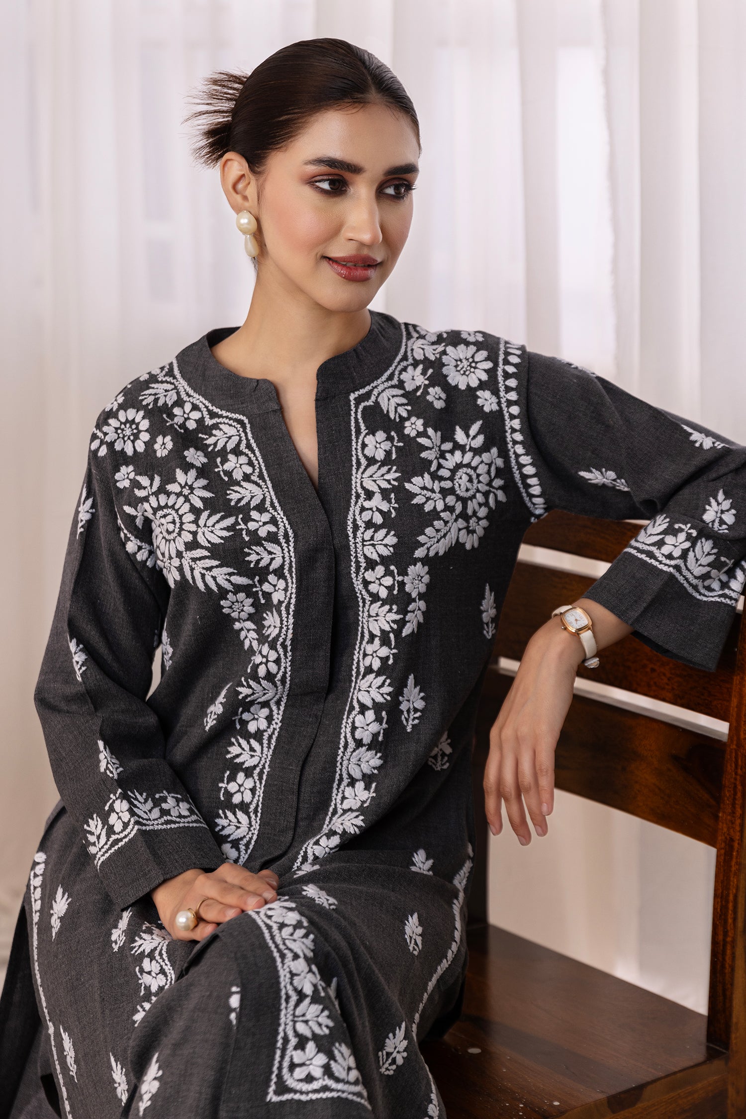 Denim Cotton Chikankari Kurta Set - Charcoal Grey