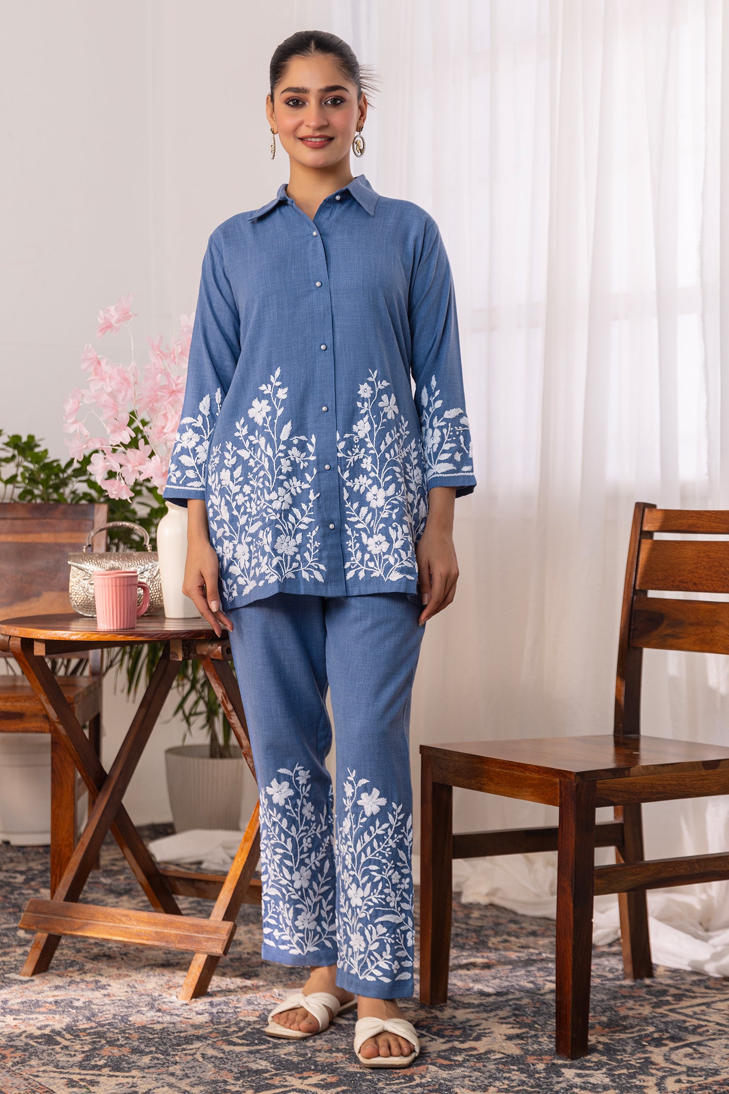 Denim Cotton Chikankari Kurta Set - Denim Blue