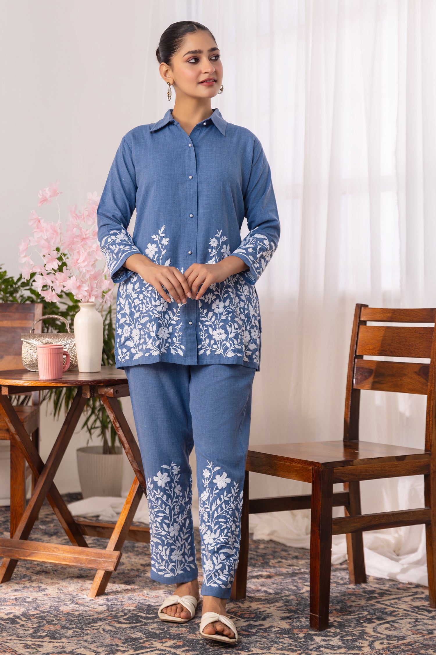 Denim Cotton Chikankari Kurta Set - Denim Blue