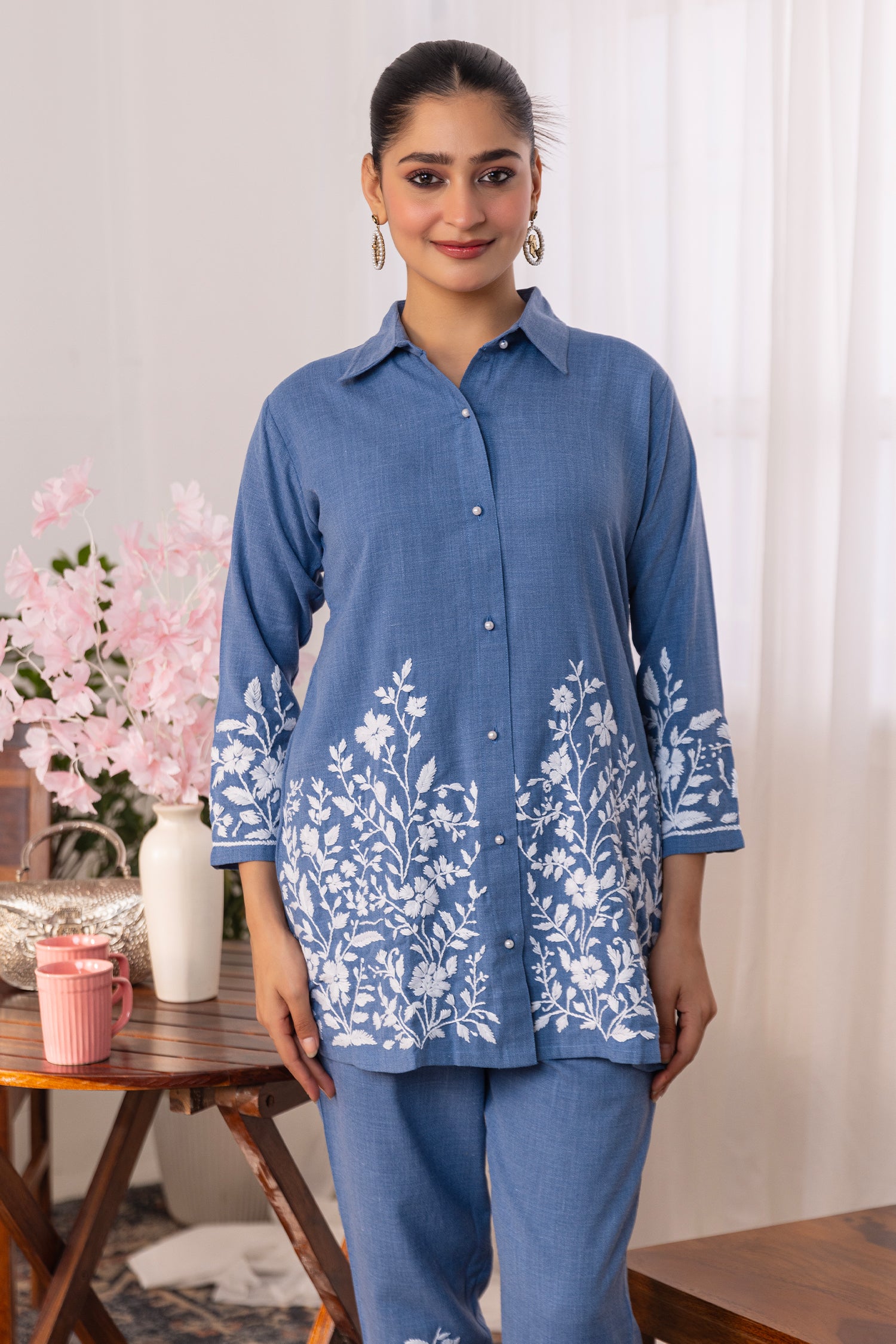 Denim Cotton Chikankari Kurta Set - Denim Blue