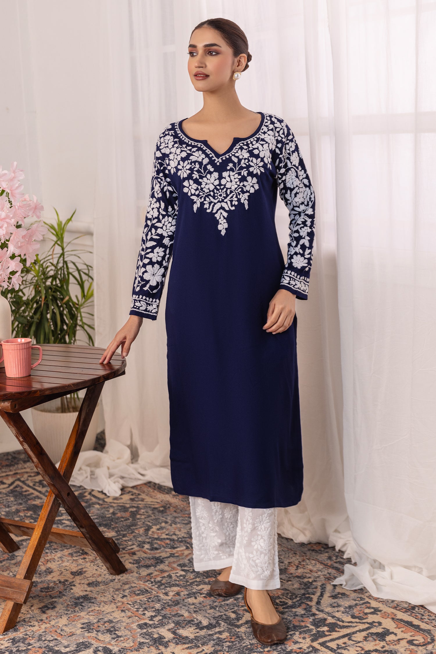 Rayon Chikankari Long Kurta - Navy Blue