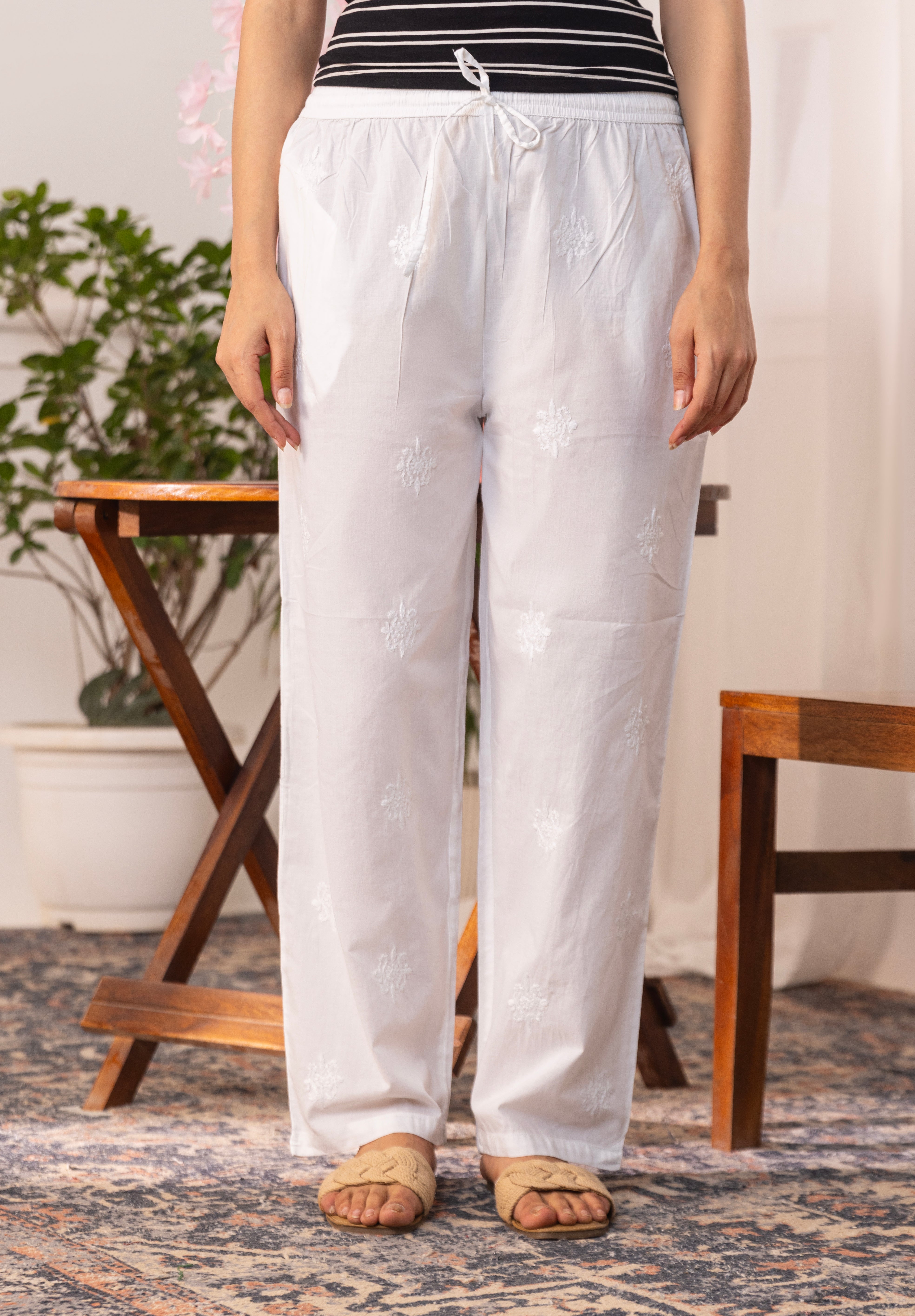 Cotton White All-Over Chikankari Bottoms