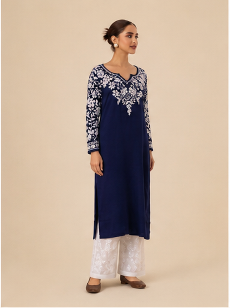 Rayon Chikankari Long Kurta - Navy Blue