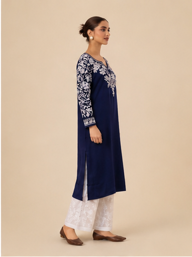 Rayon Chikankari Long Kurta - Navy Blue