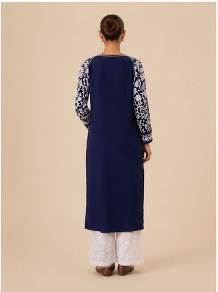 Rayon Chikankari Long Kurta - Navy Blue