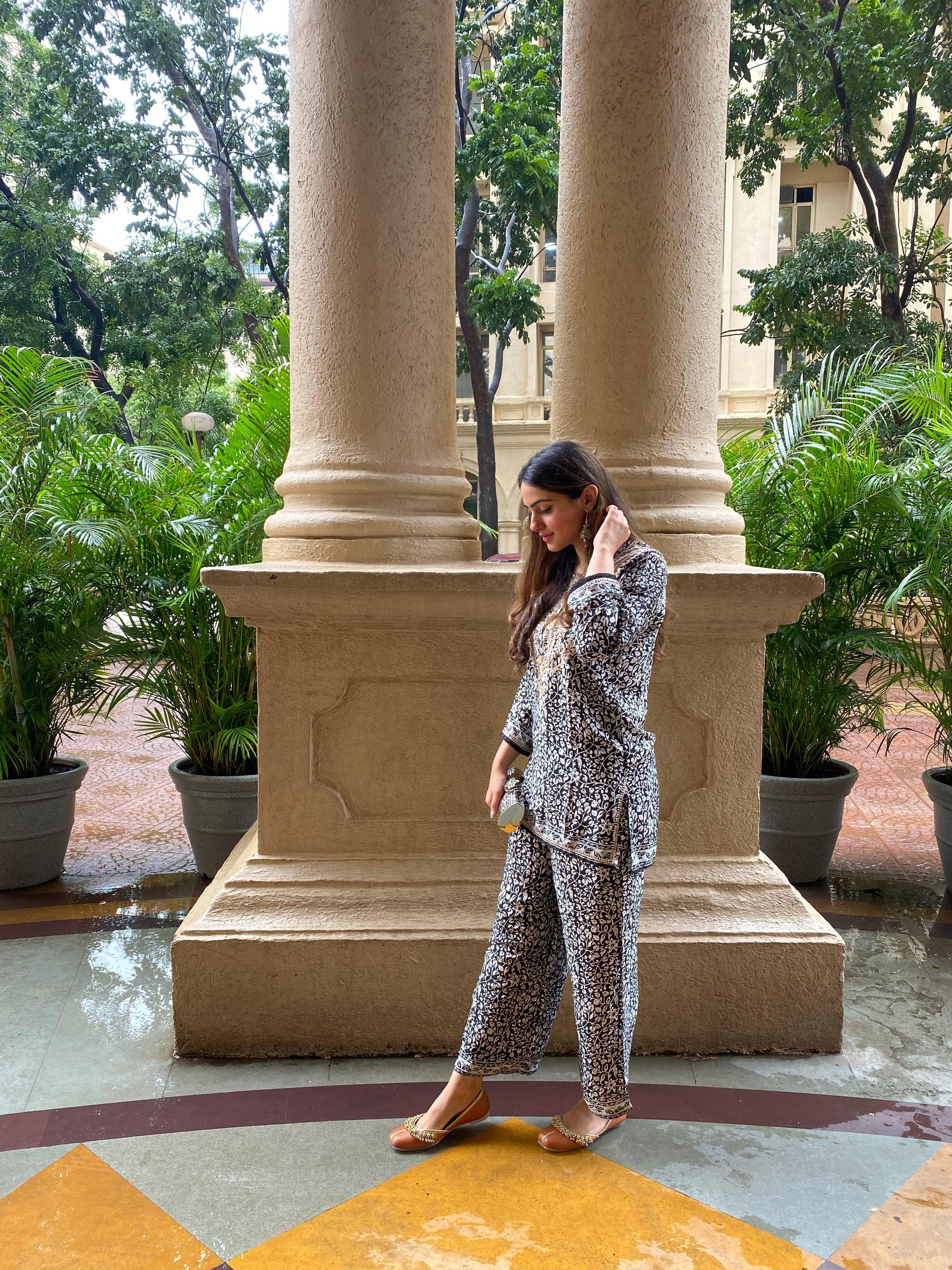 Amita in Chikankari Co-ord set in Polysilk for Women- Black With Golden - House Of Kari (Chikankari Clothing)