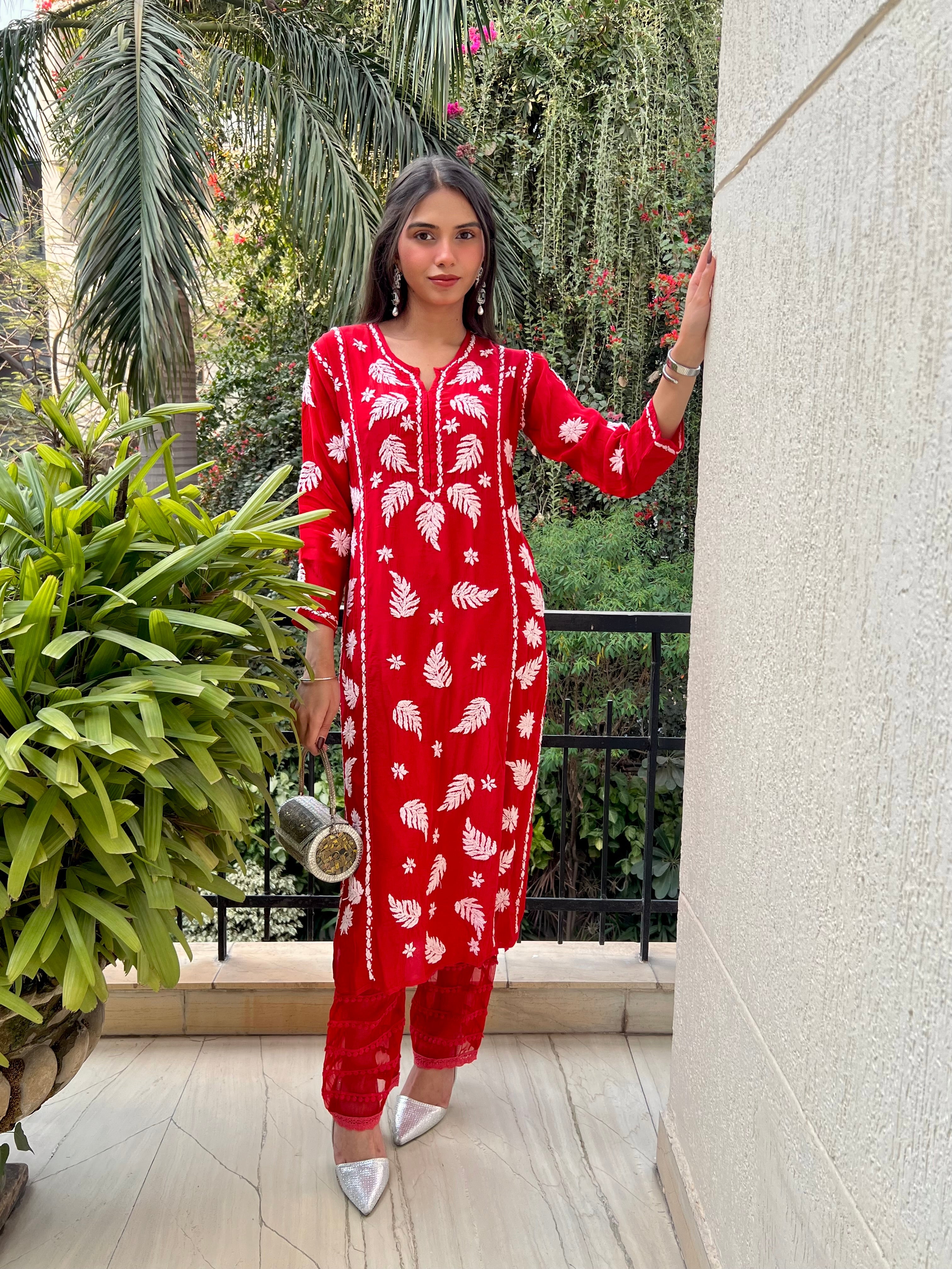 Sanya in Chikankari Crepe Silk Kurta for Women in Red Notch Neck