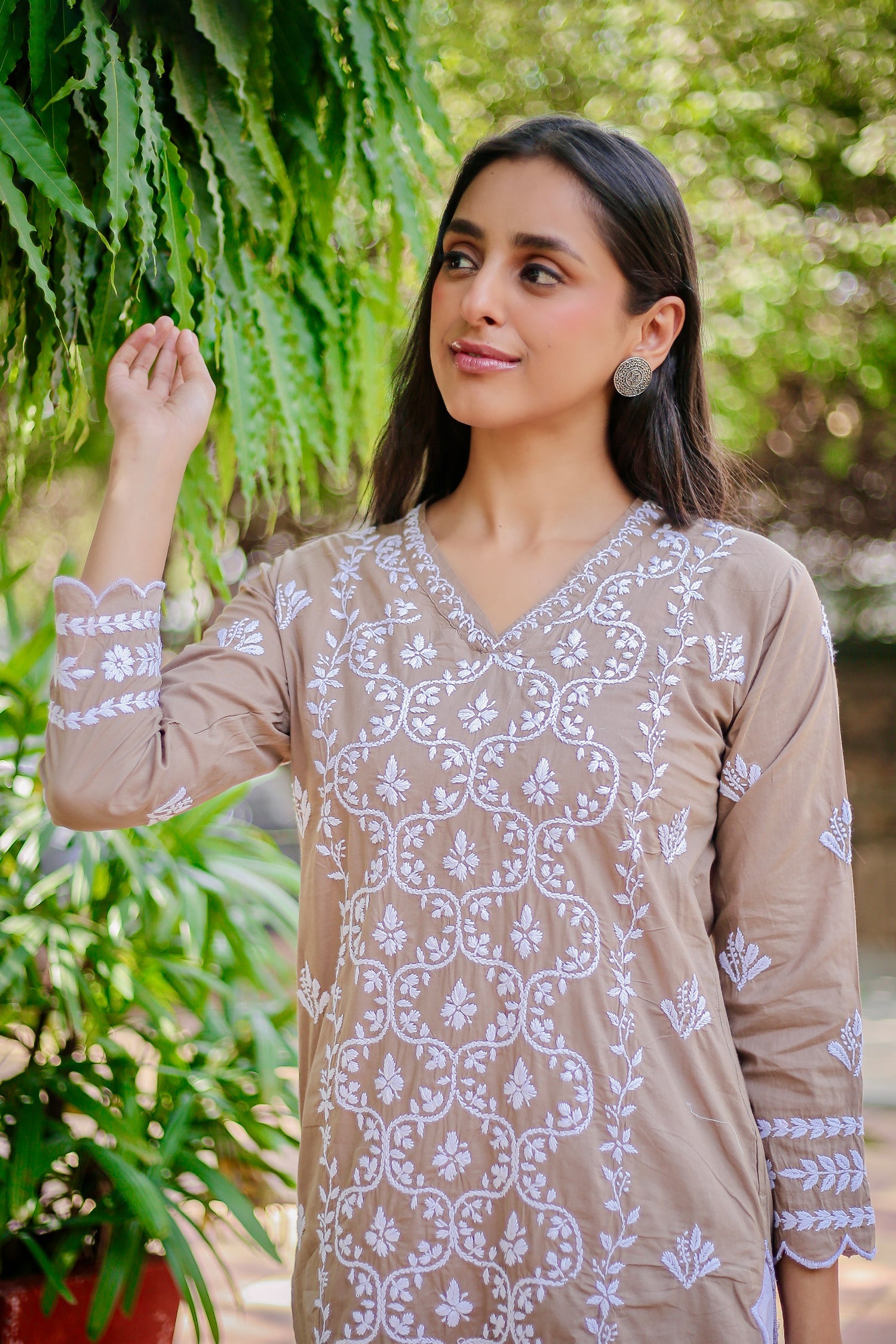Saba Chikankari Long Kurta In Cotton - Brown