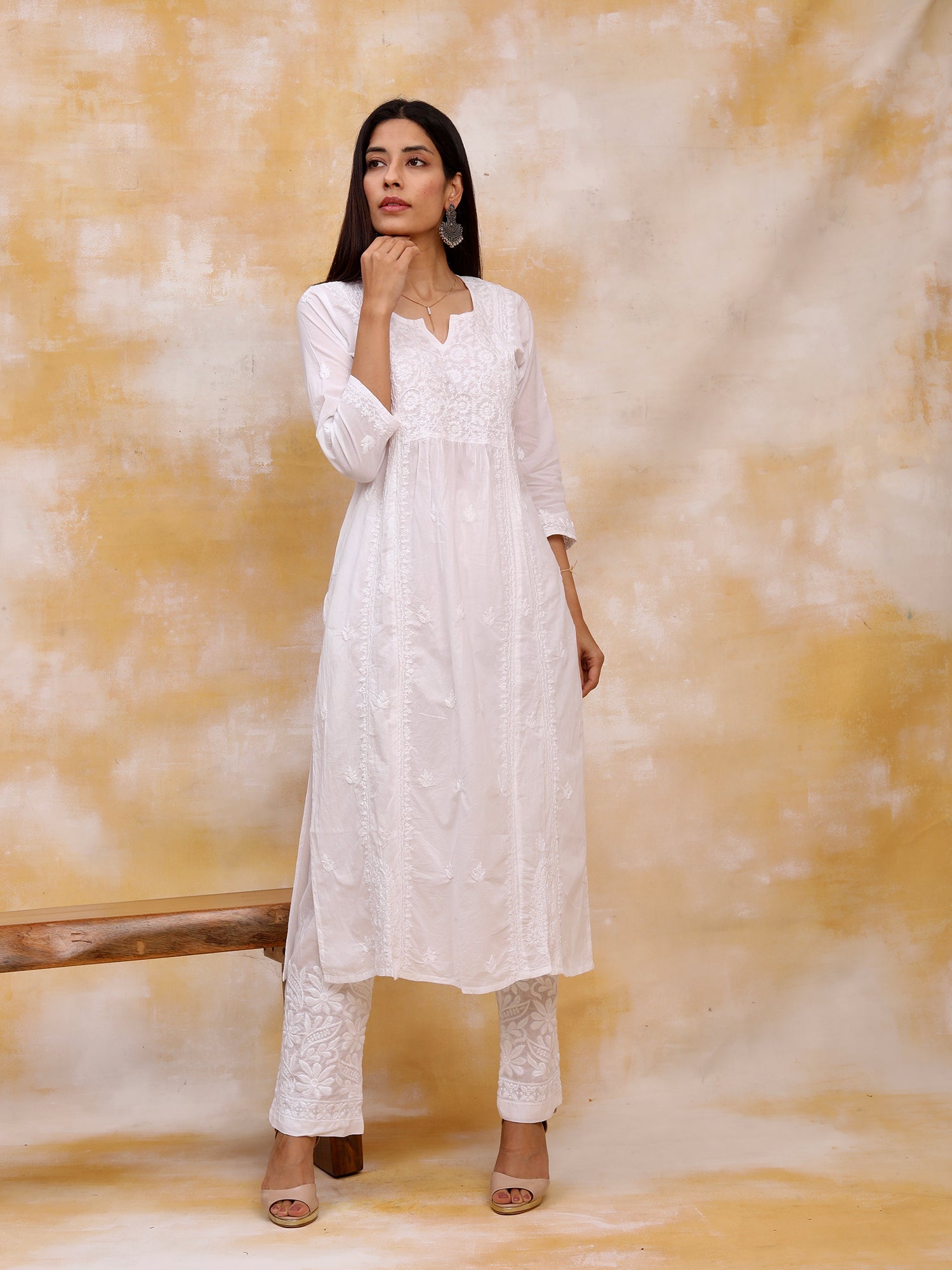 Hand embroidery Chikankari Dress-White