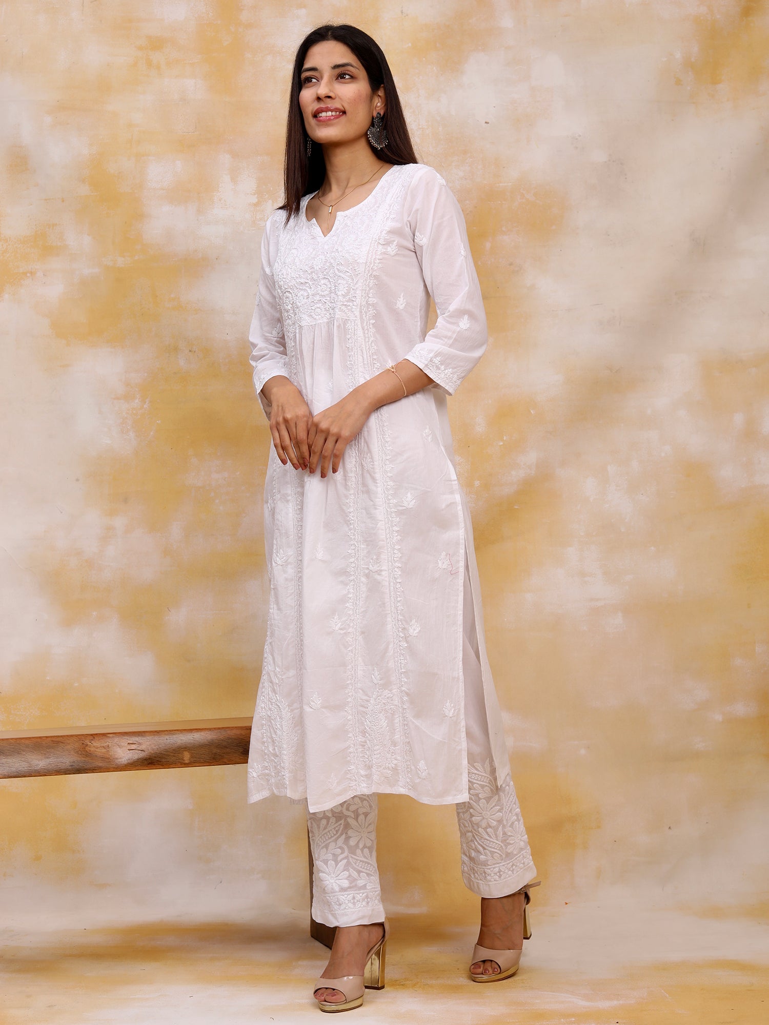 Hand embroidery Chikankari Dress-White