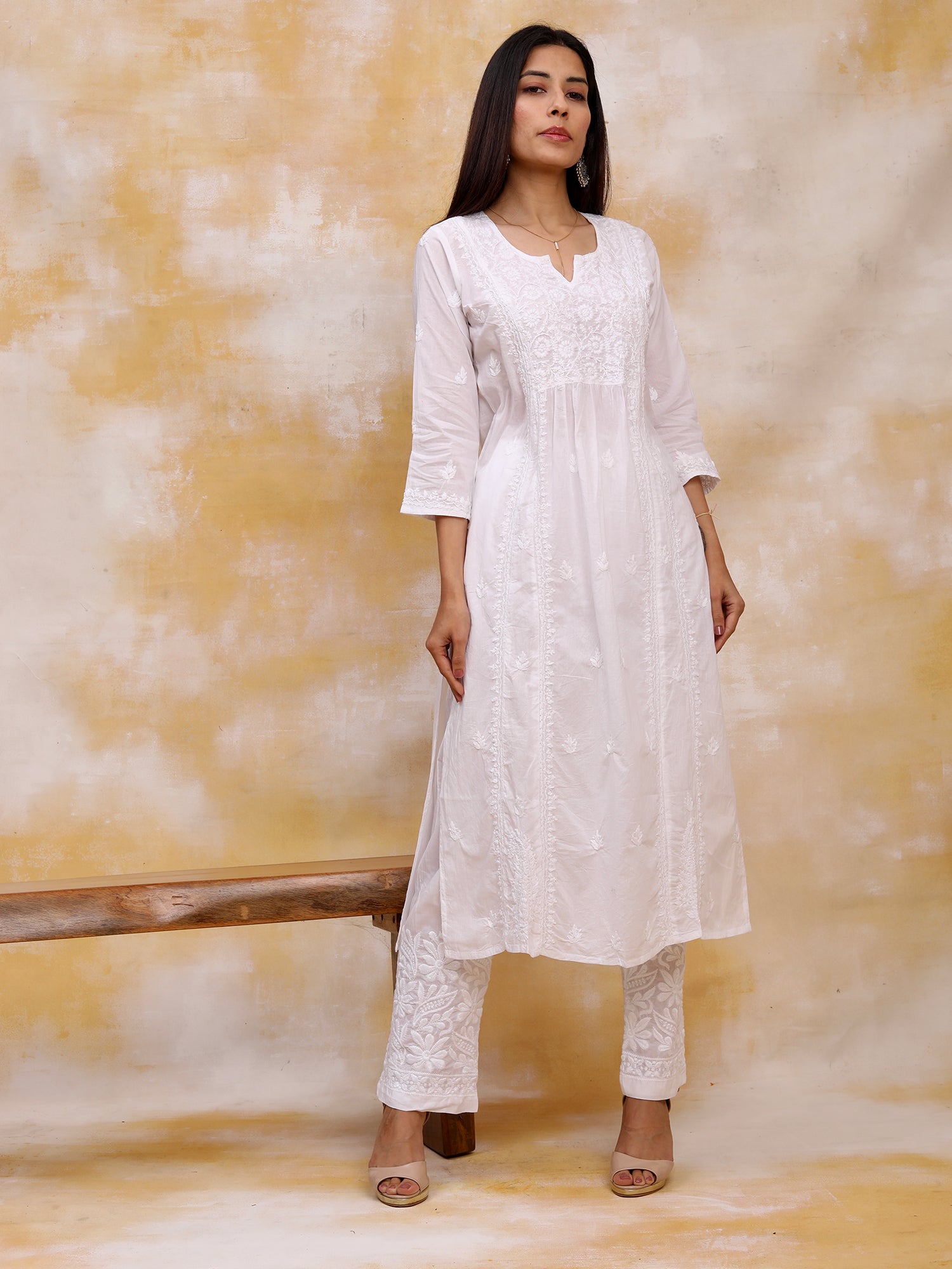 Hand embroidery Chikankari Dress-White