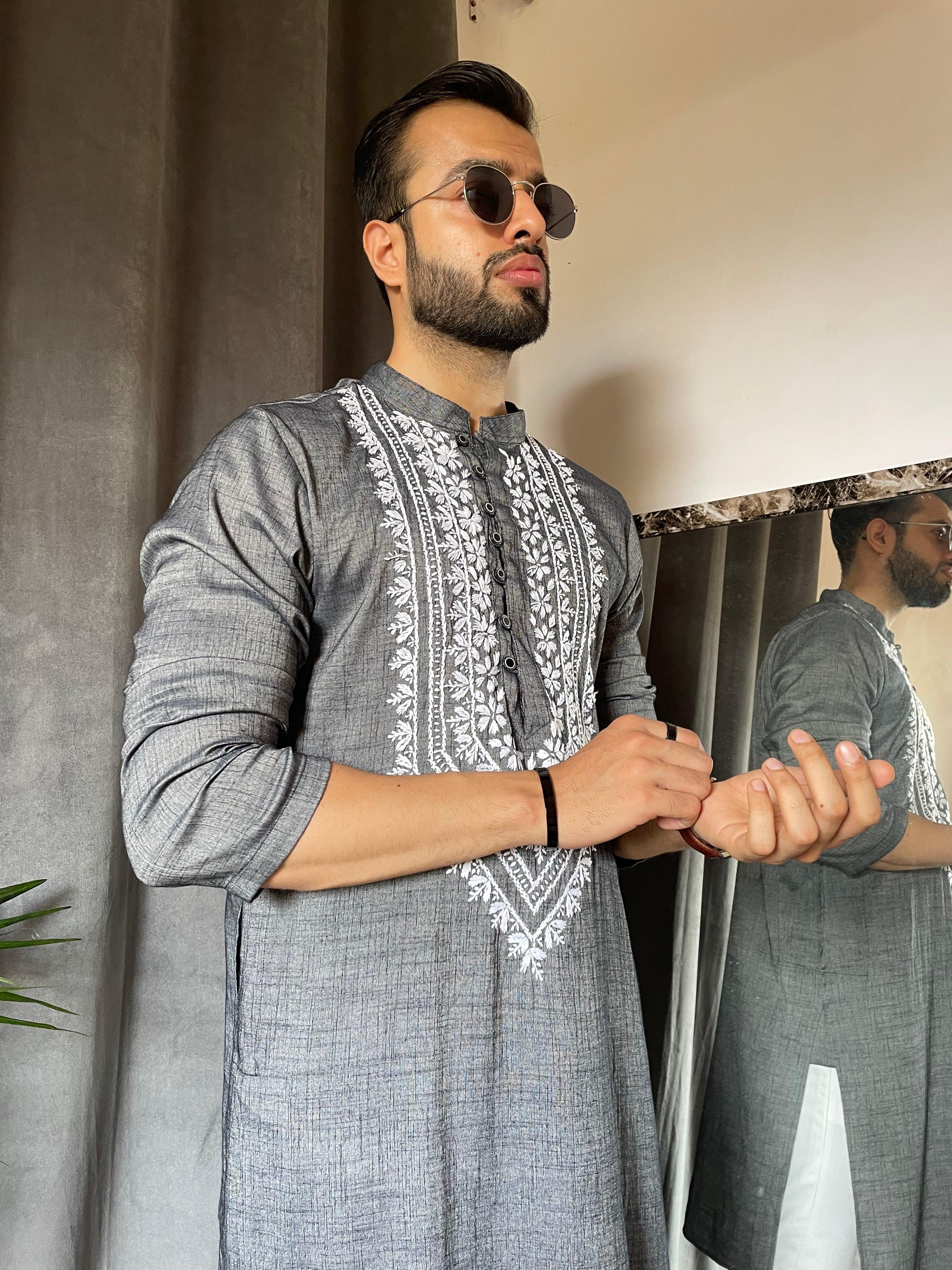 Hemant in HOK Men's Chikankari Kurta in Cotton Silk Blend - Grey - House Of Kari (Chikankari Clothing)