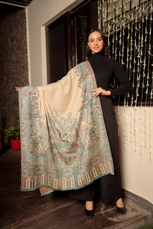 Wool Blend Mahal Border Shawl – Woven Beige