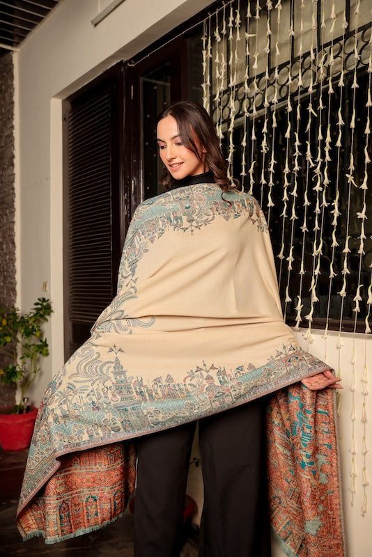 Wool Blend Mahal Border Shawl – Woven Beige